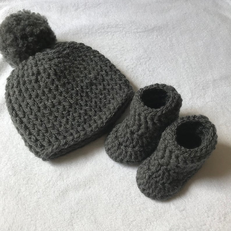 Grey Baby Booties and Pompom Hat 
